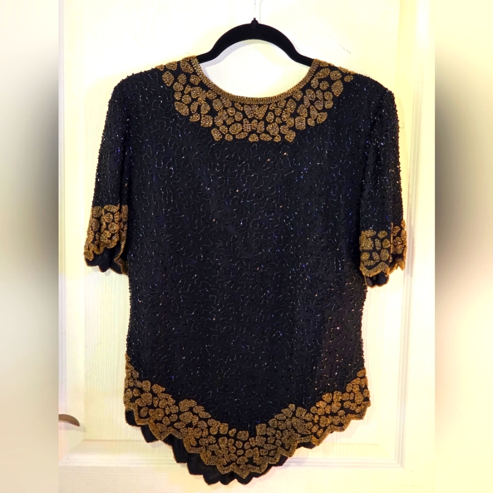 Lawrence Kazar Elegant Black and Gold Women's Top, L, EUC